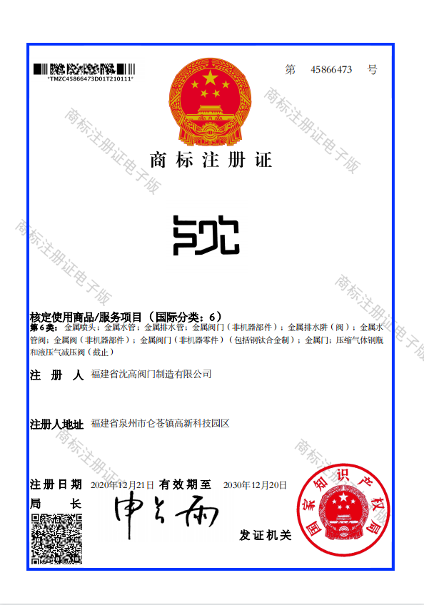 Shen Character Trademark Registration Certificate Class 6 - 45866473