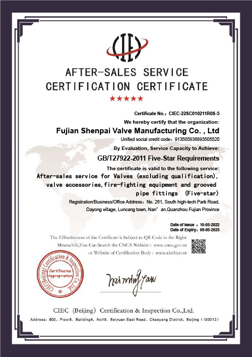 Shen Valve After-Sales Service Certification Certificate (English Version)